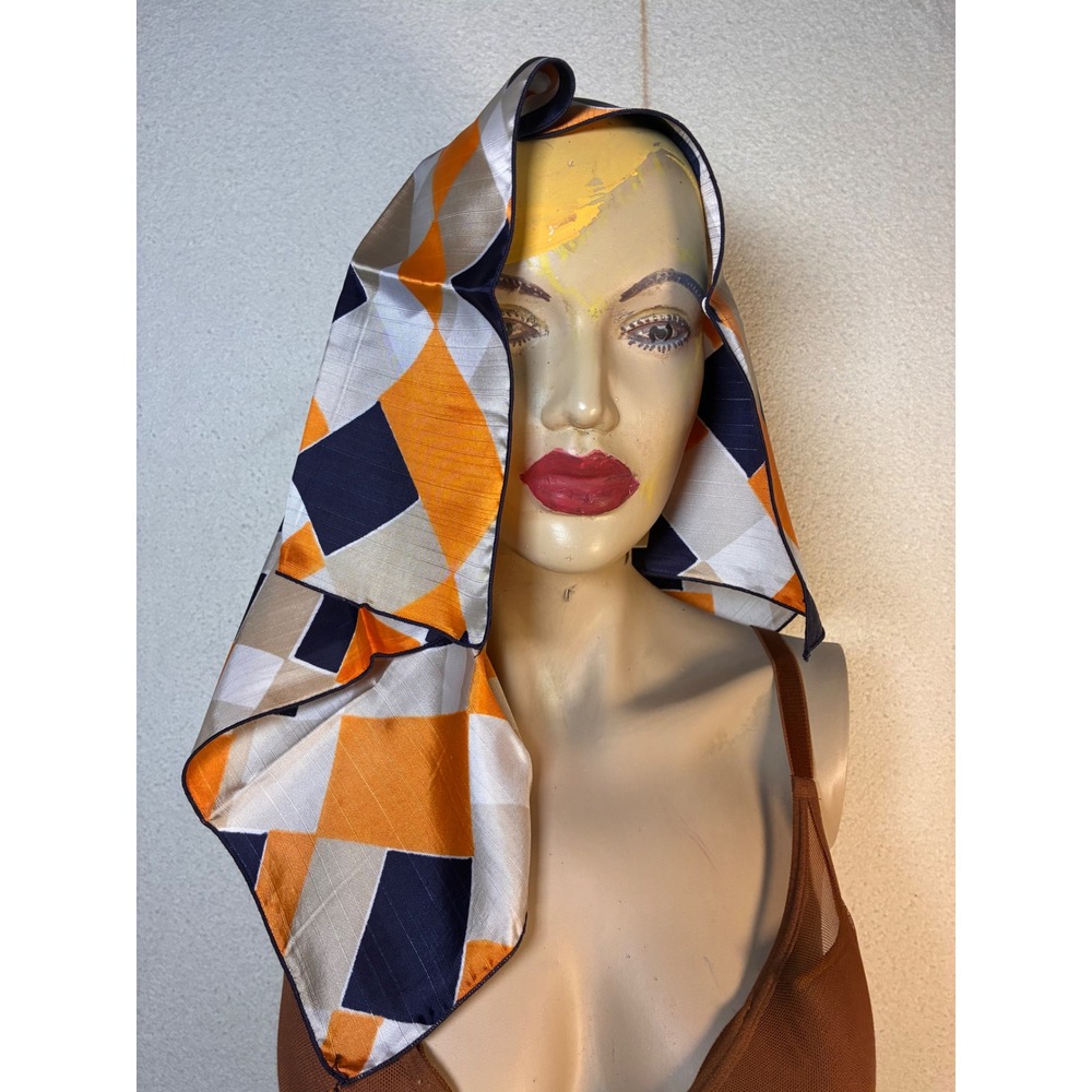 Unbranded Square Scarf Womens OS Orange Navy Geometric Excellent Retro Mod